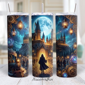 May include: A set of three stainless steel tumblers with a fantasy-themed design. The design features a castle under a full moon, a steam train, and figures in cloaks. The tumblers have a straw and a screw-on lid. The text "NacerrsFox" is at the bottom.