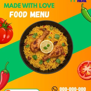 May include: A food menu advertisement with the text "CRISPY & TASTY MADE WITH LOVE FOOD MENU." The image features a bowl of yellow rice with chicken drumsticks, a lemon slice, and tomatoes. A green button says "ORDER NOW."