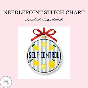 May include: A digital download needlepoint stitch chart featuring a round design with blue and white stripes, yellow lemons, and the text "SELF-CONTROL". The design is trimmed with a white rope and a red bow.