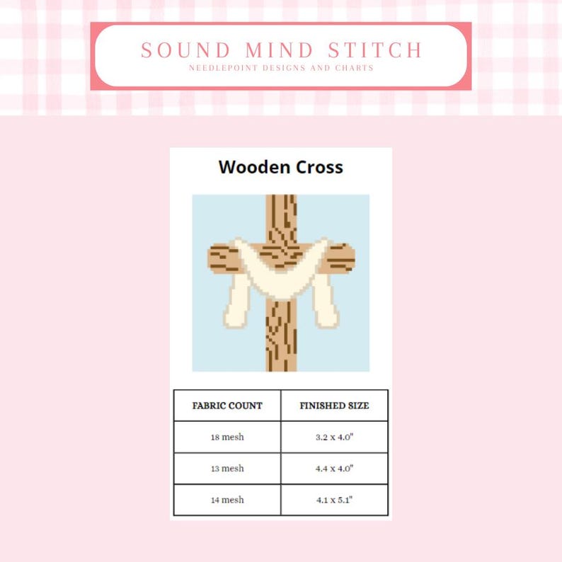 digital download for wooden cross with the finished sizes for different needlepoint mesh sizes