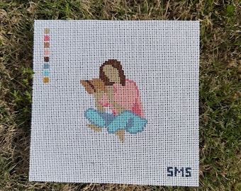 Girl Reading Bible Needlepoint Canvas | Christian Needlepoint | Faith-Based Design | 13 mesh