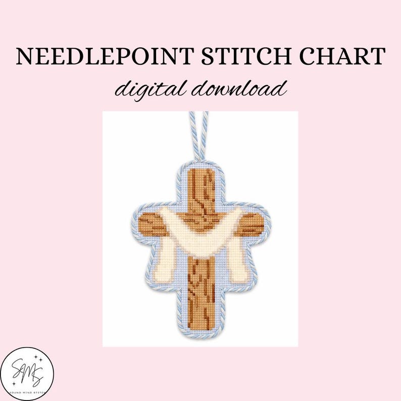 digital download for a needlepoint stitch chart depicting a wooden easter cross and blue background