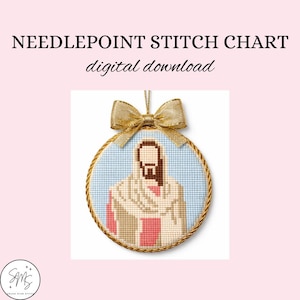 May include: A digital download needlepoint stitch chart. The design features a cross-stitch image of Jesus Christ within a round frame, adorned with a gold bow. The background is light blue, and the overall color scheme is soft and pastel.