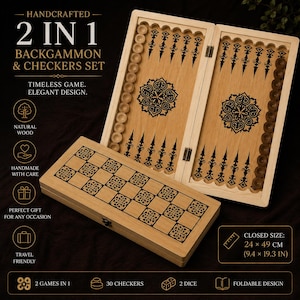 Handmade Natural Wood Backgammon Checkers Set, 2-in-1 Foldable Travel Game