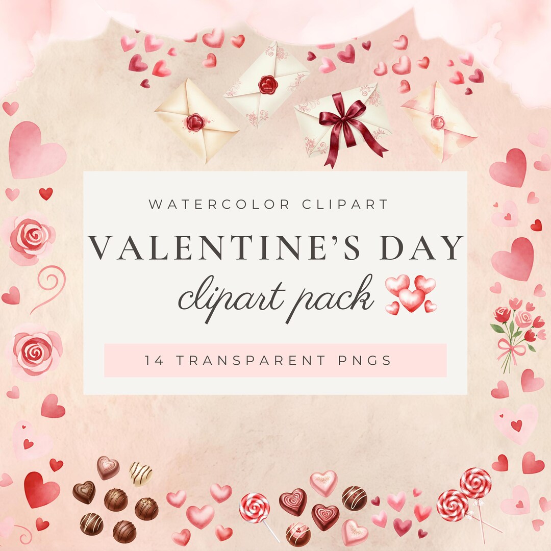Valentine's Day Watercolor Clipart Pack, 14 PNG Images, 300 DPI ...