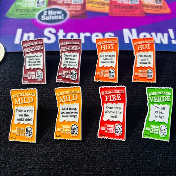 Taco Bell Hat Pin Collection Border Saus Salsa Packet 1,25 inch Mild Hot Fire Roasted Verde 2007 2010 *zie mijn andere items voor meer pins