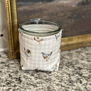 May include: A clear glass jar with a fabric sleeve. The sleeve has a light grey and white checked pattern, decorated with chicken illustrations. The jar is on a speckled countertop, with a framed painting in the background.