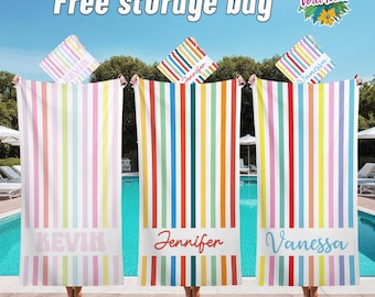 Custom Colorful Stripe Beach Towel,Personalized Name Pool Party Towel,Family Vacation,Bachelorette Party Gift,Vacation essentials,Kids Towel