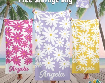 Custom Daisy Flower Beach Towels,Personalized Name Pool Towel,Daisy Floral Towel,Gifts for Girl,Essential for Beach Party,Girls Trip Towels