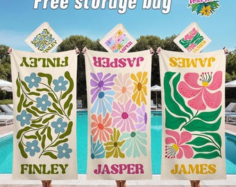 Toalla de playa personalizada, estampados atractivos, toalla con nombre personalizado, artículos esenciales de verano, toallas de piscina florales retro, los mejores regalos para fiestas, toalla para viajes de chicas