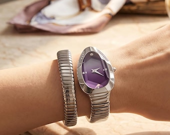 Reloj de pulsera estilo brazalete dorado para mujer / Elegante reloj de pulsera con esfera verde / Reloj de joyería de moda