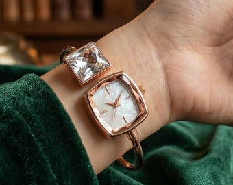 Minimalist Square Dial Bangle Watch | Elegant Open Cuff Bracelet, Women's Fashion Wristwatch