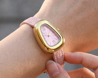 Elegant Oval Women's Watch | Gold Tone Case Pink Leather Strap Quartz Wrist Watch | Minimalist Dress Watch Gift