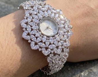 Crystal Bracelet Watch for Women | Rhinestone Quartz Timepiece, Brass Band