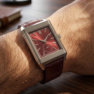 May include: A rectangular wristwatch with a red dial and silver-colored case is displayed on a wrist. The watch has a small seconds subdial and a dark red leather strap. The watch is a luxury item.