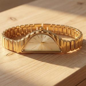 May include: A gold wristwatch with a distinctive half-moon face and a matching gold strap. The watch is displayed on a light-coloured wooden surface, highlighting its elegant design and metallic sheen. The watch strap is approximately 18 cm in length.