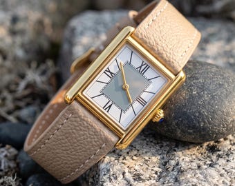 Minimalist Gold Rectangle Watch | Roman Style Numeral Leather Strap Dress Watch