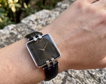 Orologio minimalista quadrato in pelle nera / Elegante orologio da polso da donna in acciaio inossidabile