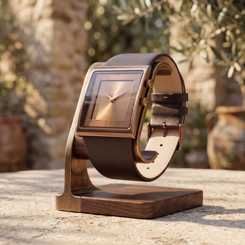 May include: A square-faced watch with a brown leather strap and a copper-coloured face. The watch is displayed on a wooden stand with a copper-coloured metal frame. The watch face has a minimalist design with thin hands.