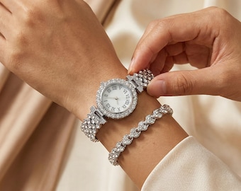 Reloj de cristal para mujer con pulsera/Elegante reloj con esfera romana/Estilo de acero inoxidable brillante