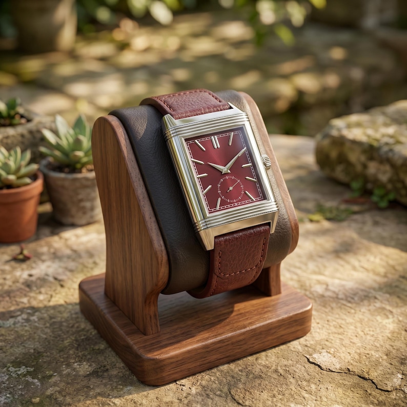 May include: A rectangular wristwatch with a burgundy face and a brown leather band. The watch has a silver-colored case and is displayed on a wooden watch stand. The watch stand is made of dark brown wood.