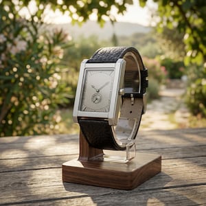 May include: A rectangular silver wristwatch with a black leather band is displayed on a wooden stand. The watch face is silver with black hands and a small subdial. The watch is set against a blurred outdoor background.