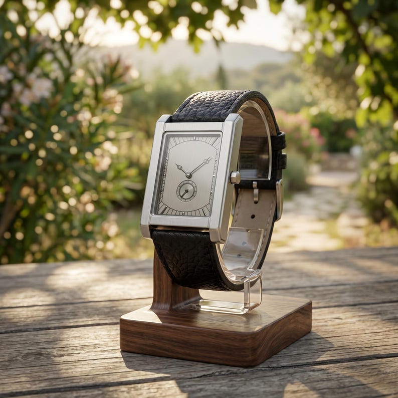 May include: A rectangular silver wristwatch with a black leather band is displayed on a wooden stand. The watch face is silver with black hands and a small subdial. The watch is set against a blurred outdoor background.