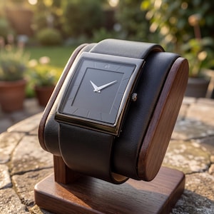 May include: A rectangular wristwatch with a dark grey face and silver hands, presented on a wooden watch stand. The watch features a black leather strap. The stand is made of dark wood and leather, set against a blurred outdoor backdrop.
