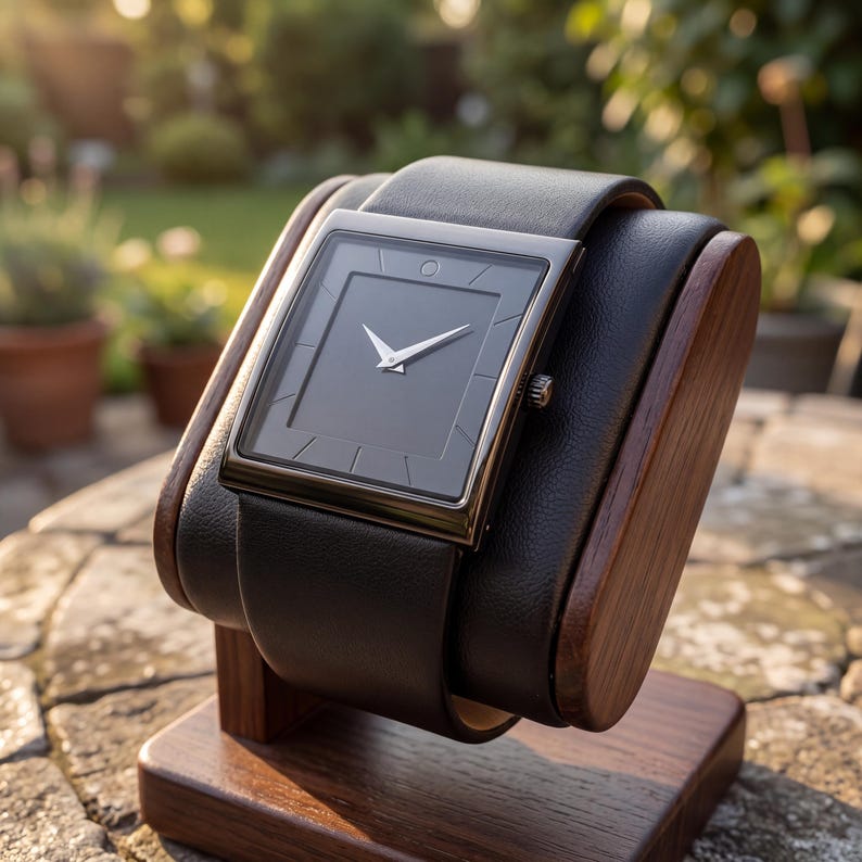 May include: A rectangular wristwatch with a dark grey face and silver hands, presented on a wooden watch stand. The watch features a black leather strap. The stand is made of dark wood and leather, set against a blurred outdoor backdrop.