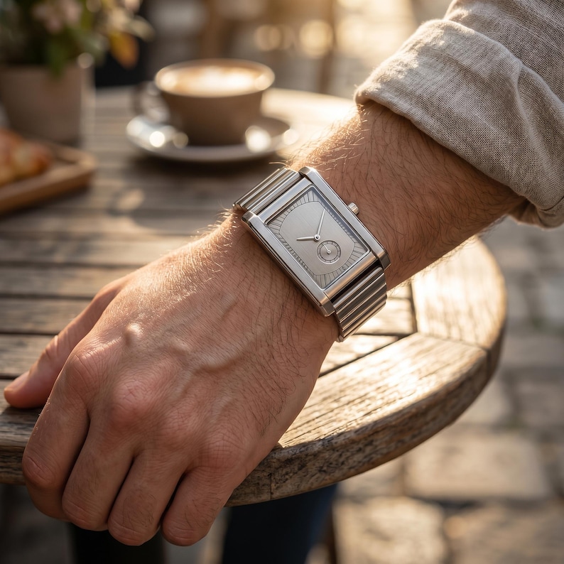 May include: A silver rectangular wristwatch with a light-colored face and a ribbed band. The watch is on a person's wrist, with a wooden table and a cup of coffee in the background.
