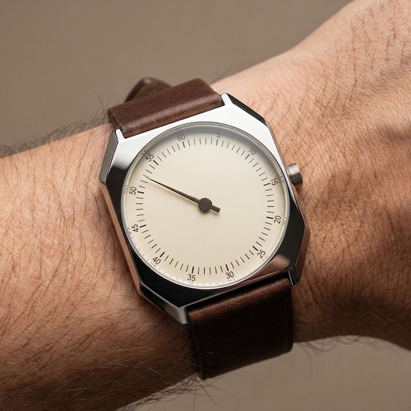 Men Single Hand Watch | Vintage Style Minimalist Wristwatch | Elegant Leather Strap Gift for Him