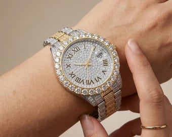 Reloj de pulsera de oro y plata para mujer / Reloj de cuarzo con esfera elegante / Reloj de pulsera elegante, regalo para ella