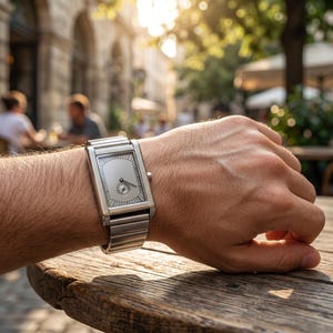 May include: A silver rectangular wristwatch with a light-colored face and a small subdial. The watch has a metal band and is worn on a person's wrist. The background shows a blurred outdoor scene with sunlight.