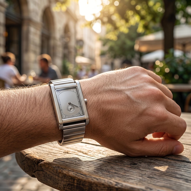 May include: A silver rectangular wristwatch with a light-colored face and a small subdial. The watch has a metal band and is worn on a person's wrist. The background shows a blurred outdoor scene with sunlight.