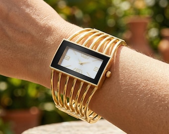 Reloj de pulsera tipo brazalete dorado para mujer / Reloj de pulsera minimalista con esfera rectangular / Regalo de moda para mujer