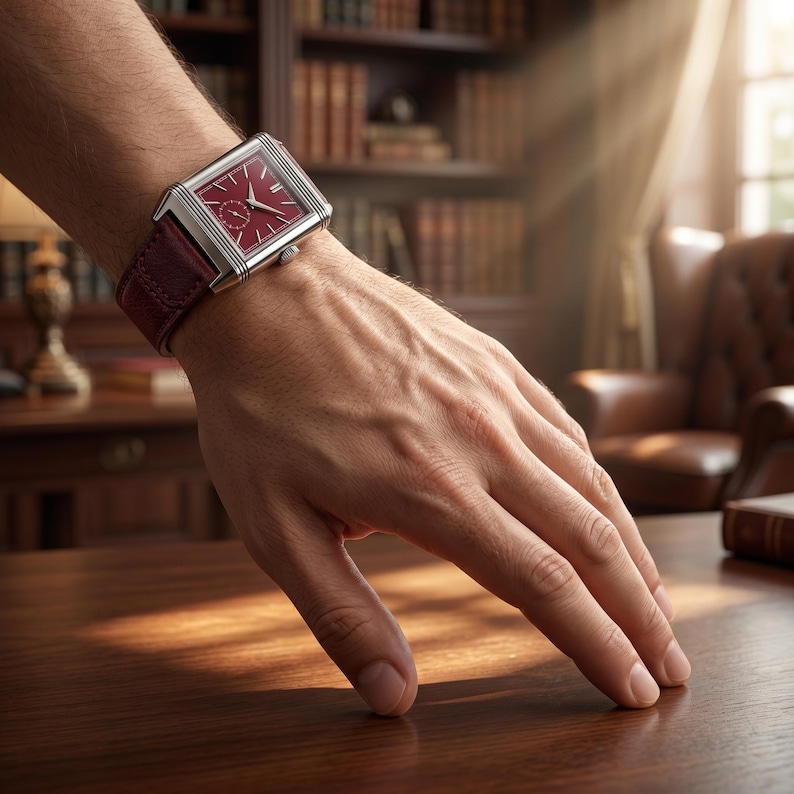 May include: A rectangular wristwatch with a burgundy dial and silver-colored case. The watch has a burgundy leather strap. The watch is on a person's wrist. The background includes a wooden desk, bookshelves, and a leather chair.