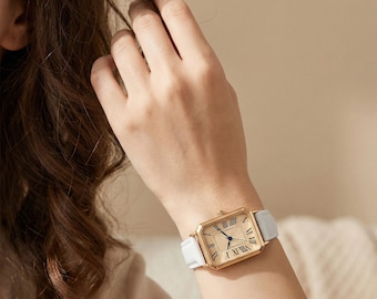 Elegante orologio da donna con quadrante quadrato e cinturino in pelle / Orologio da polso vintage da donna / Orologio da donna minimalista