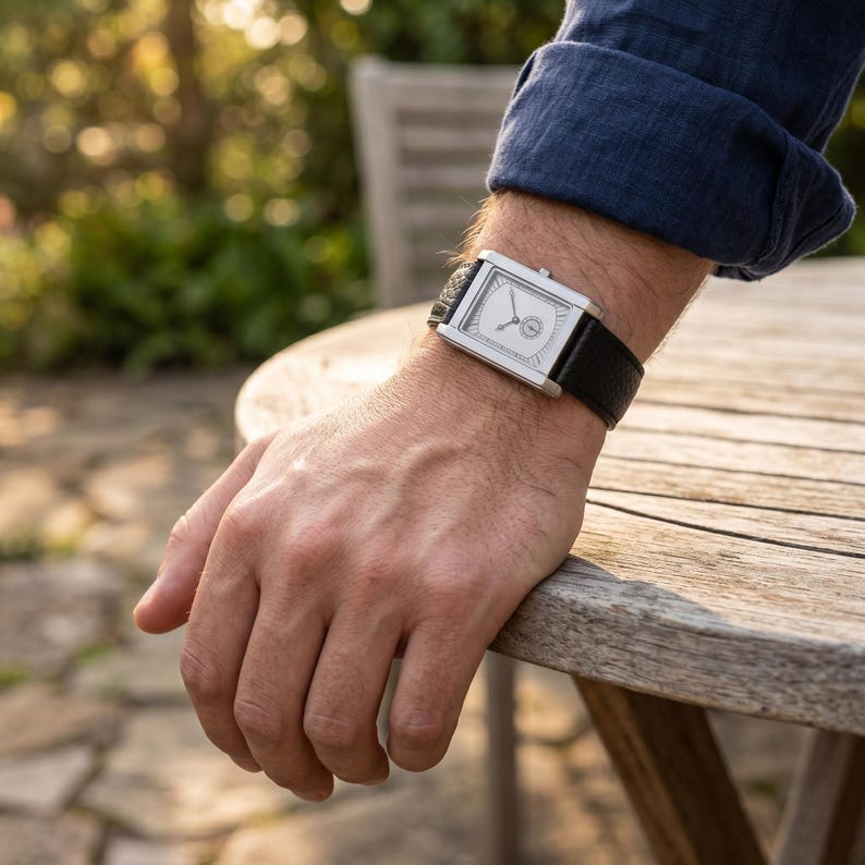 May include: A rectangular silver wristwatch with a white face and black leather band. The watch is on a wrist, resting on a wooden table. The watch face has a small circular design and two hands.