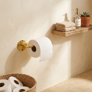 Könnte beinhalten: Ein an der Wand montierter Toilettenpapierhalter aus Messing mit einer Rolle weißem Toilettenpapier. Darüber befindet sich ein Holzregal mit einem transparenten Seifenspender aus Glas und einer kleinen grünen Sukkulente im Tontopf.