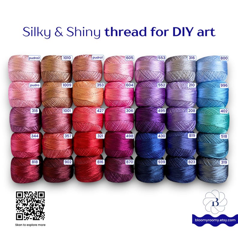 May include: A collection of thirty-five small spools of silky and shiny thread arranged in a grid, featuring a wide spectrum of colors including pinks, reds, purples, and blues. Each spool is labeled with a unique number. Text reads Silky & Shiny thread for DIY art.