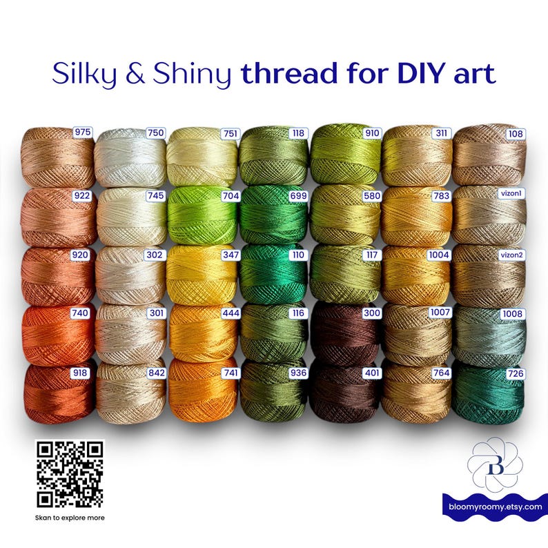 May include: A collection of thirty small, round spools of silky, shiny thread arranged in a grid. Each spool is labeled with a unique numerical code. The text at the top reads Silky & Shiny thread for DIY art. A QR code and a logo are visible.