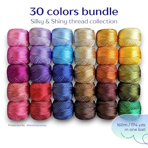 May include: A collection of 30 colorful thread bundles, arranged in rows. The text at the top reads "30 colors bundle" and "Silky & Shiny thread collection." Each ball contains 174 yards of thread. The image is presented by @bloomyroomy.
