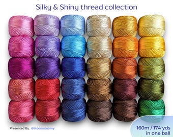 May include: A collection of 30 colorful thread bundles, arranged in rows. The text at the top reads "30 colors bundle" and "Silky & Shiny thread collection." Each ball contains 174 yards of thread. The image is presented by @bloomyroomy.
