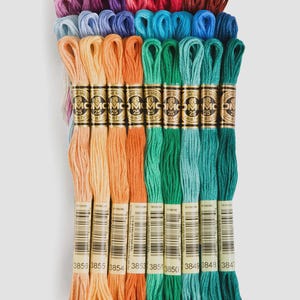 May include: A collection of embroidery floss in a variety of colors, including shades of orange, green, and blue. Each skein is labeled with a number and brand information. The floss is neatly arranged, showcasing a spectrum of hues for crafting projects.