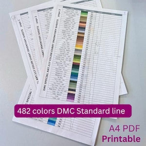 May include: Three white A4 paper sheets featuring DMC Special Art. 117 color chart inventory tables. Each page contains columns for color names, color swatches, thread numbers, and blank spaces for notes. The text reads 482 colors DMC Standard line.