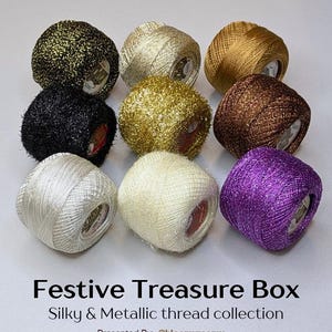May include: Nine spools of metallic and silky thread arranged in a grid, featuring colors including black, gold, silver, bronze, and purple. The text Festive Treasure Box Silky & Metallic thread collection Presented By: @bloomyroomy is visible.