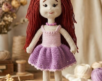 Grande poupée au crochet faite main 42 cm (16,5 pouces), robe et chaussures amovibles, poupée amigurumi en coton bio