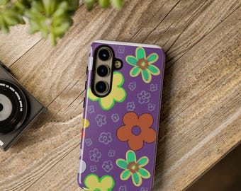 Coque de portable rétro florale violette - Housse de protection esthétique - Cadeau pour elle