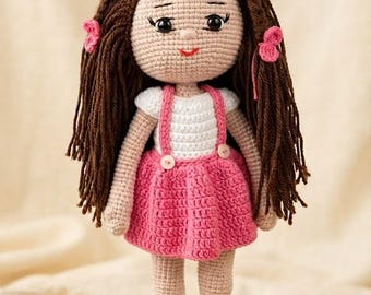 Poupée faite main au crochet, 35 cm (13,8 pouces), robe et chaussures amovibles, poupée amigurumi en coton bio