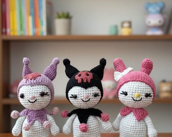 Poupées personnages au crochet faites main, 15 cm (6 pouces), My Melody, Kuromi Noir ou Kuromi Purple, Seules ou lot de 3